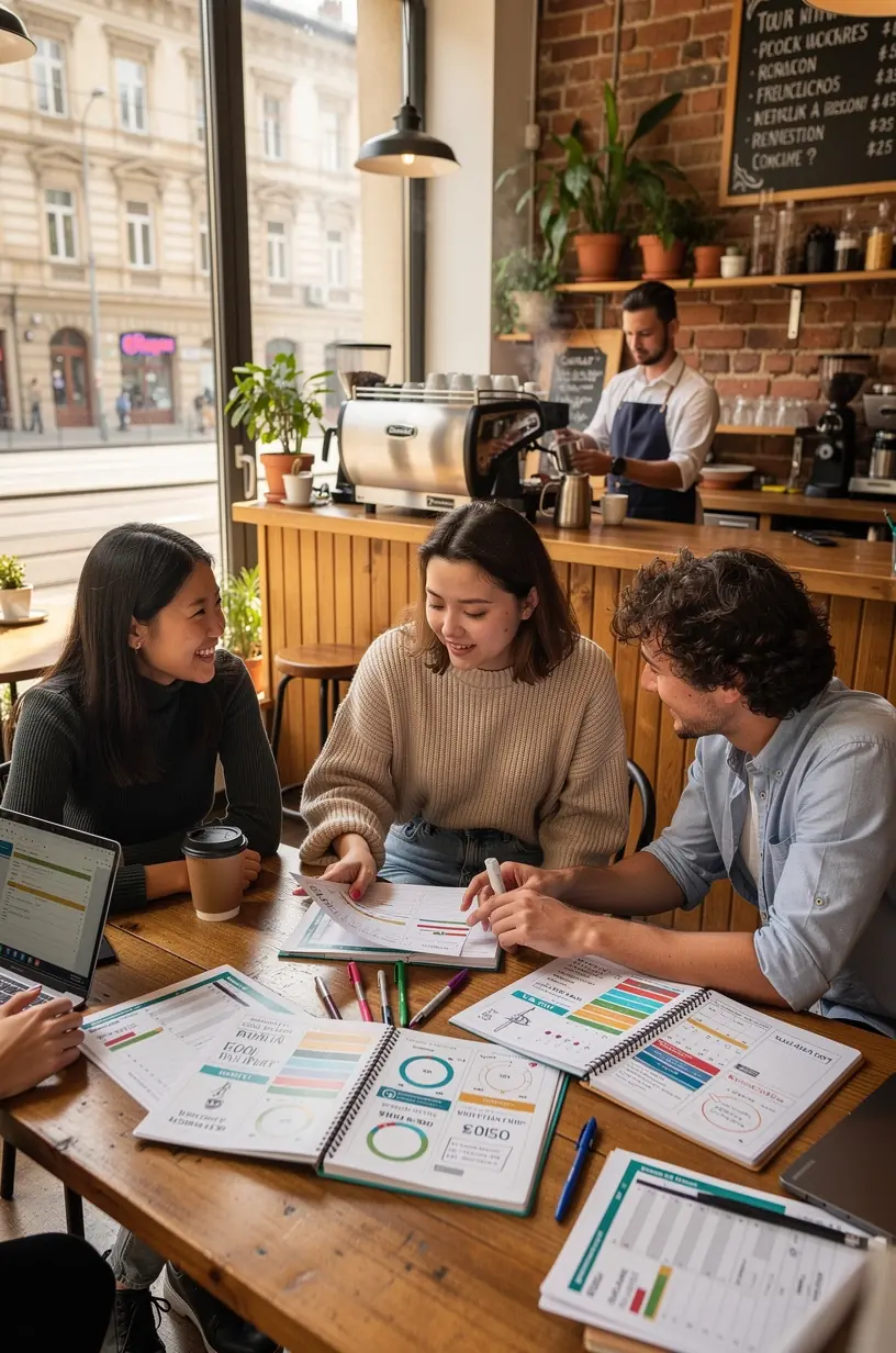 Professzionális pénzügyi tervezéshez használt jegyzetfüzet és toll egy co-working tér íróasztalán.