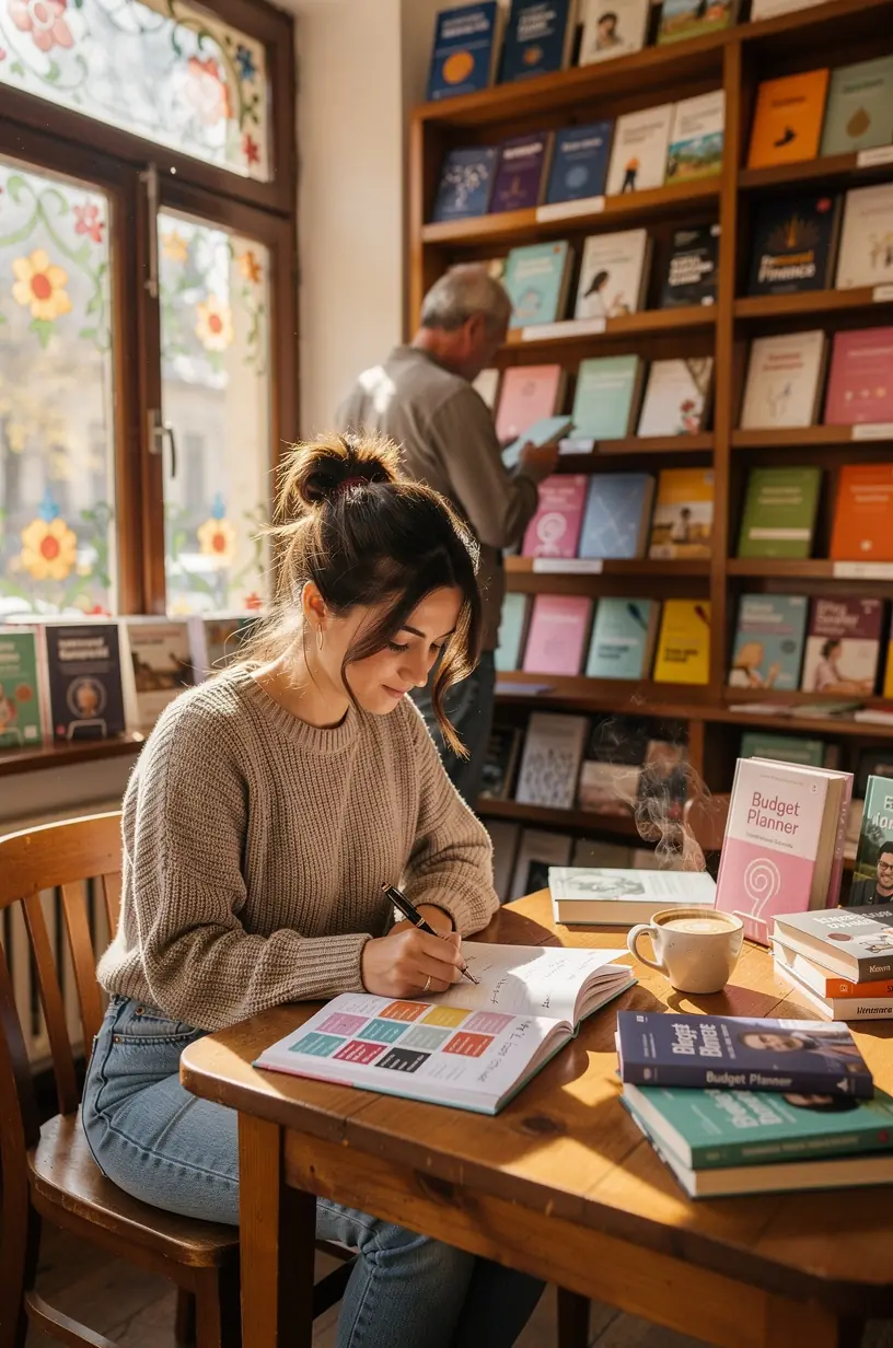 Személyes pénzügyi alapokról szóló oktató blogbejegyzés laptop képernyőjén, mellette jegyzetfüzet.